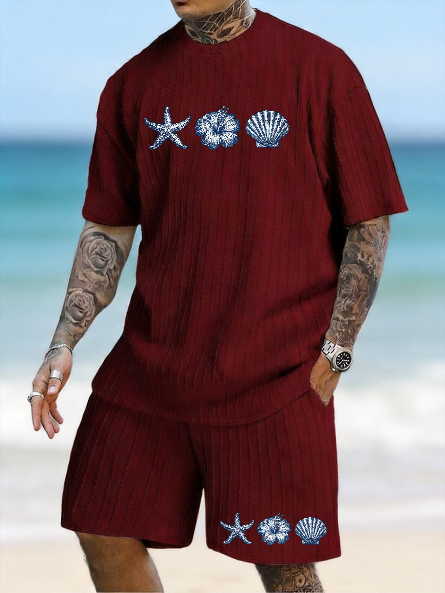 Starfish Shell Hibiscus Flower Printed Texture Pattern Plus Size Seaside Casual Suit