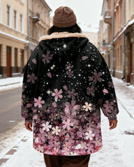 Women's Black Bottom Pink And Purple Cherry Blossom Gradient Print Velvet Thickened Long Hooded Coat
