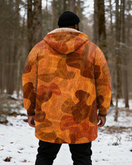 Big & Tall Men's Hunting Style Orange Brown Camouflage Print Velvet Thickened Long Hooded Coat