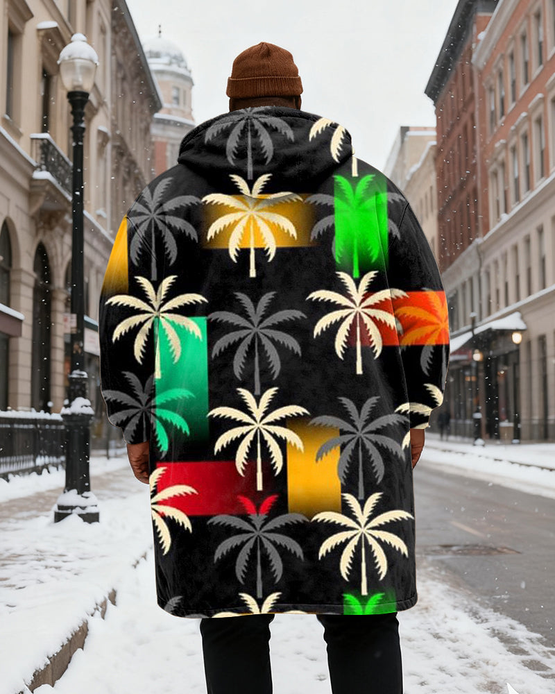 Big & Tall Men's Black Color Square Palm Tree Printed Velvet Thickened Long Hooded Coat
