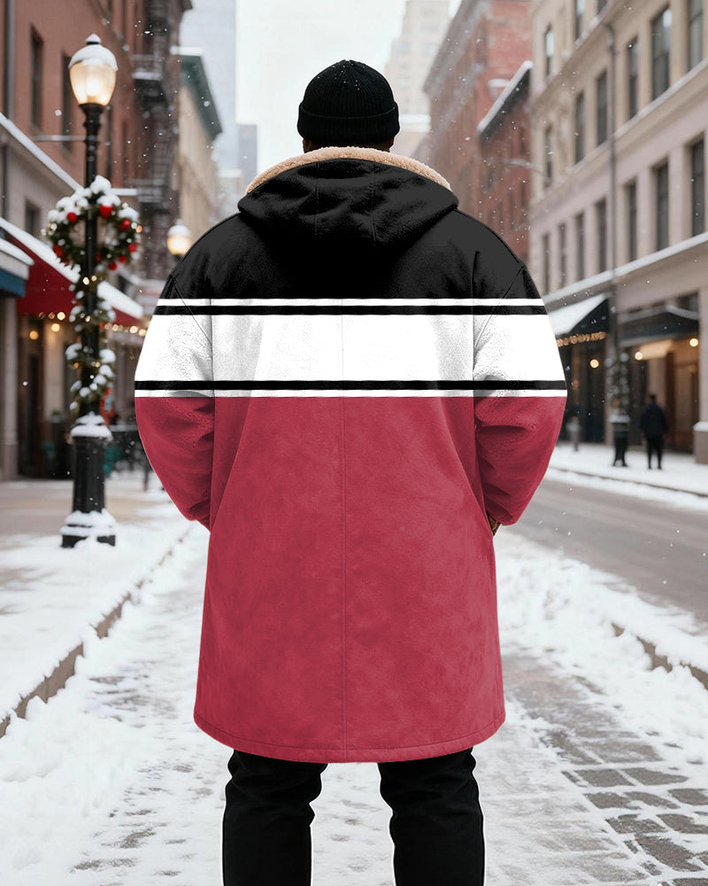 Big & Tall Men's Red And Black Contrast "LIVE A KING" Crown Printed Velvet Padded Long Hooded Coat