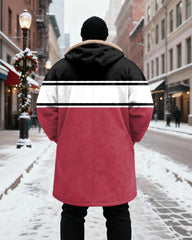 Big & Tall Men's Red And Black Contrast "LIVE A KING" Crown Printed Velvet Padded Long Hooded Coat