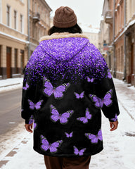 Women's Purple Gradient Butterfly Print Velvet Padded Long Hooded Coat