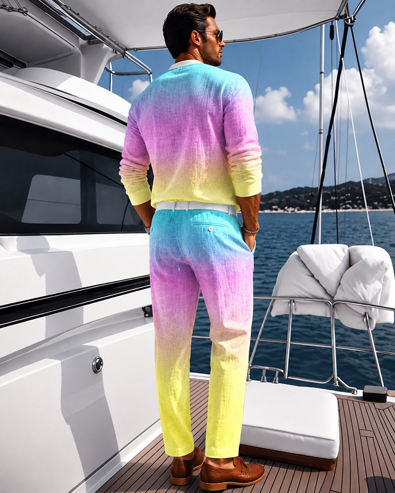S-3XL Gradient Tie-Dye Snob Printed Henry Collar Shirt Drawstring Pants Two-Piece Set