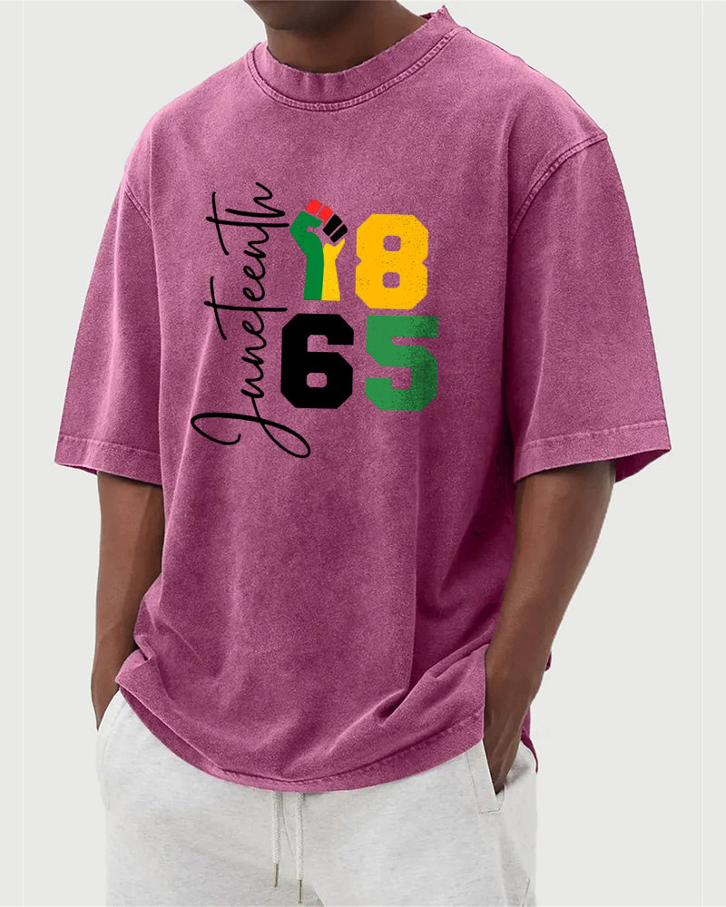 S-5XL Juneteenth 1865 Fist Printed Wash Dressed T-Shirt