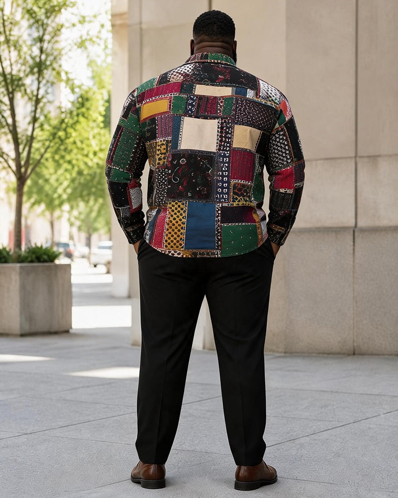 Big & Tall Men’s Retro Multicolor Patchwork Plaid Color-Block Printed Long-Sleeve Shirt And Pants Set