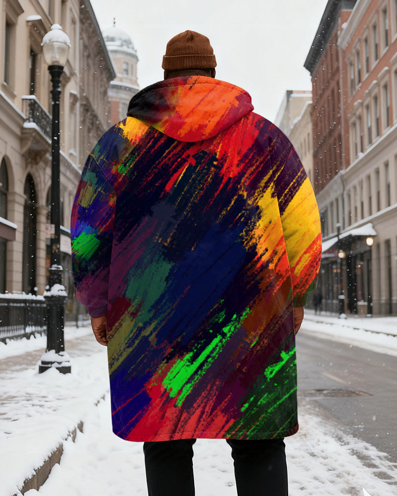 Big & Tall Men's Rainbow Graffiti Print Velvet Thickened Long Hooded Coat
