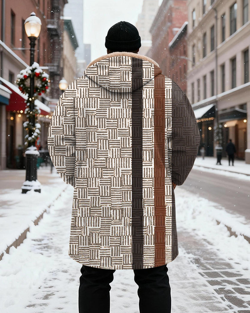 Big & Tall Men's Brown And White Woven Texture Patchwork Printed Velvet Thickened Long Hooded Coat