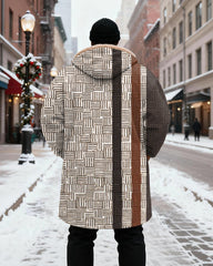 Big & Tall Men's Brown And White Woven Texture Patchwork Printed Velvet Thickened Long Hooded Coat