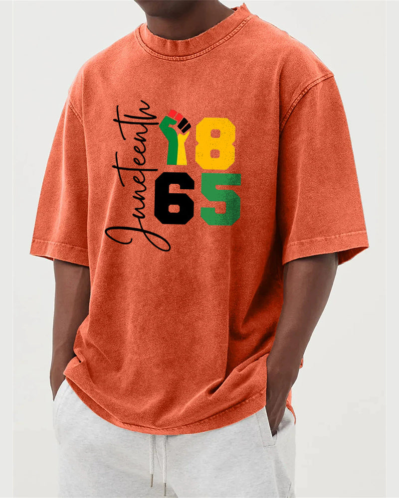 S-5XL Juneteenth 1865 Fist Printed Wash Dressed T-Shirt
