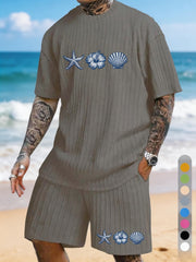 Starfish Shell Hibiscus Flower Printed Texture Pattern Plus Size Seaside Casual Suit