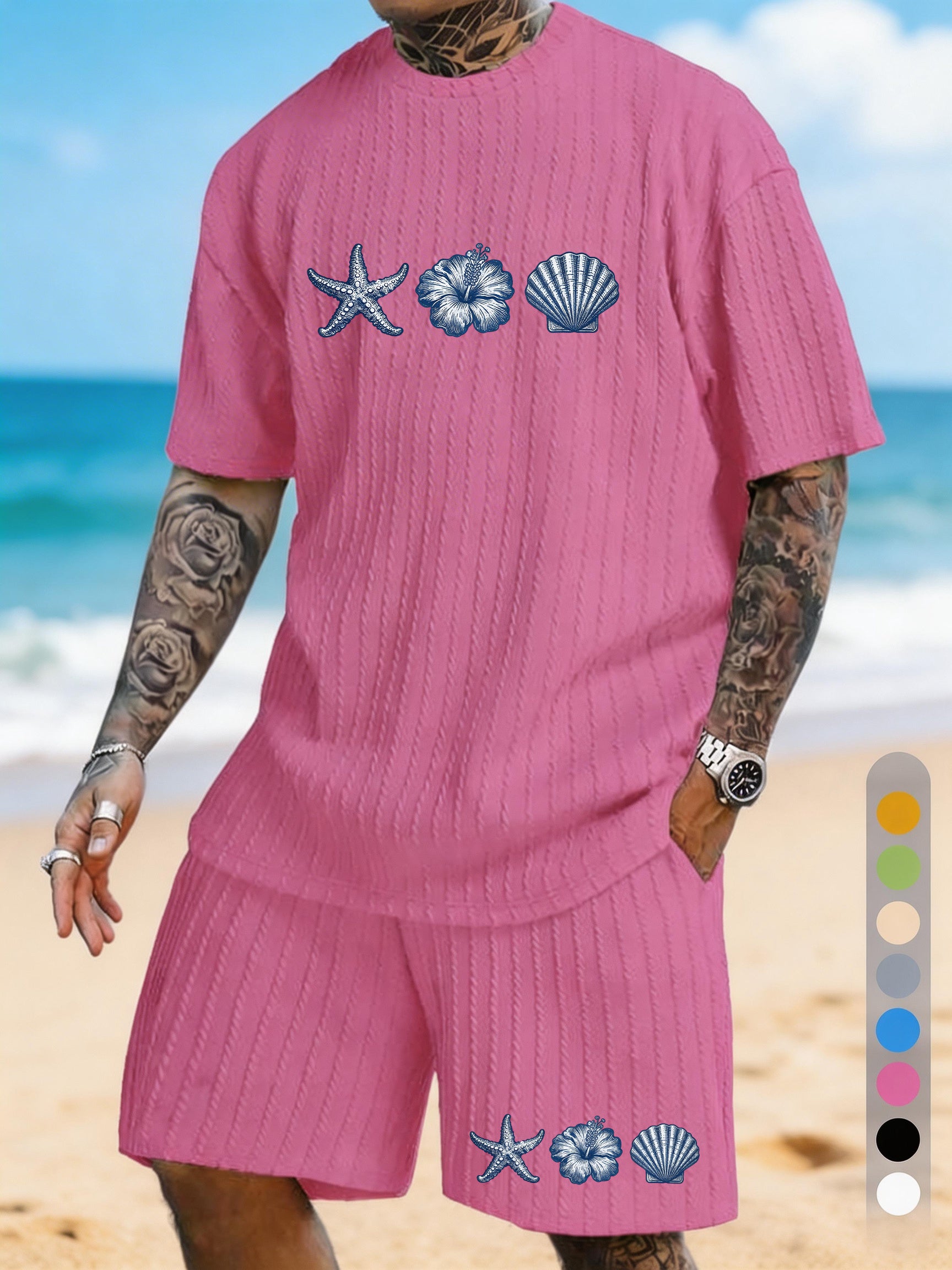 Starfish Shell Hibiscus Flower Printed Texture Pattern Plus Size Seaside Casual Suit