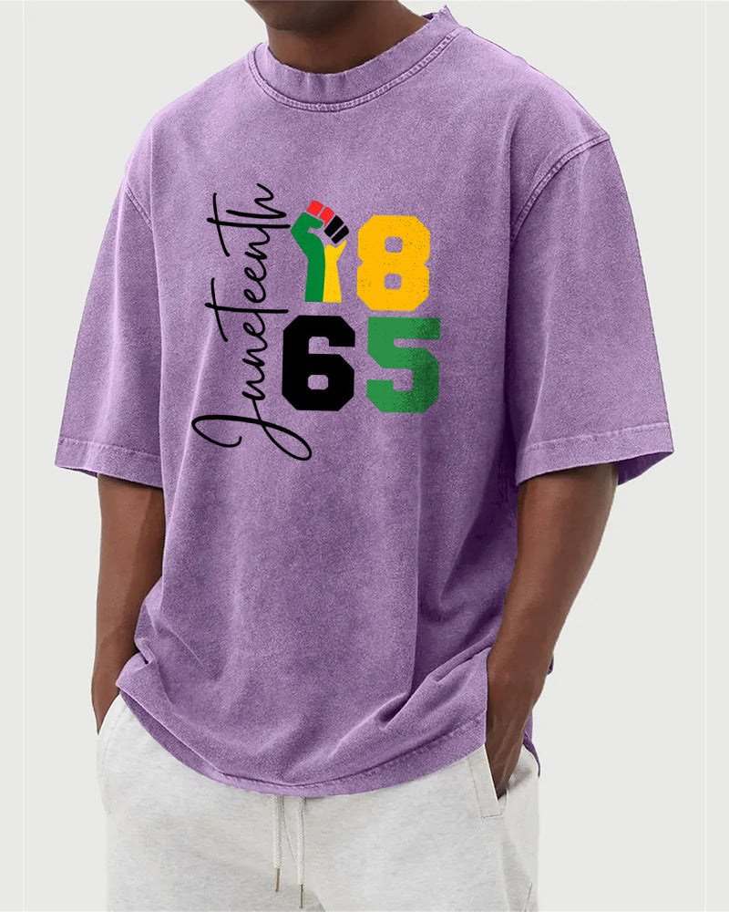 S-5XL Juneteenth 1865 Fist Printed Wash Dressed T-Shirt