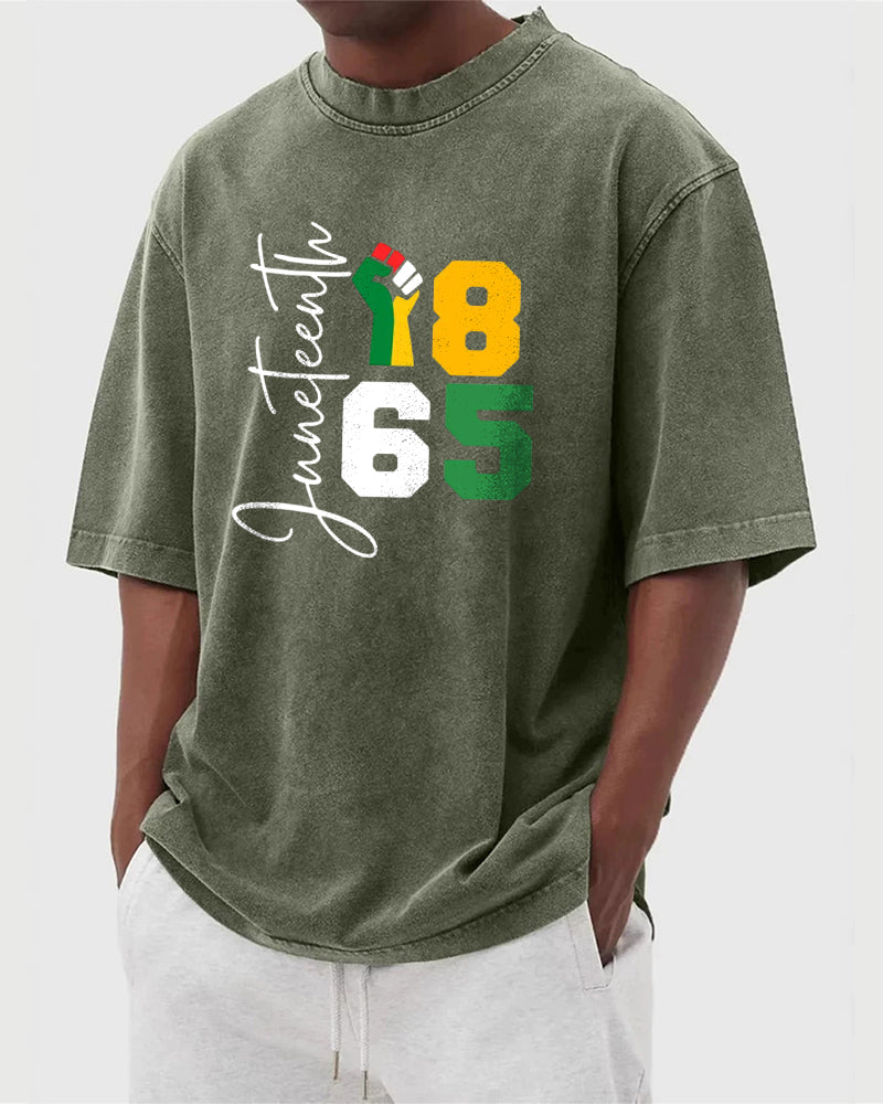S-5XL Juneteenth 1865 Fist Printed Wash Dressed T-Shirt