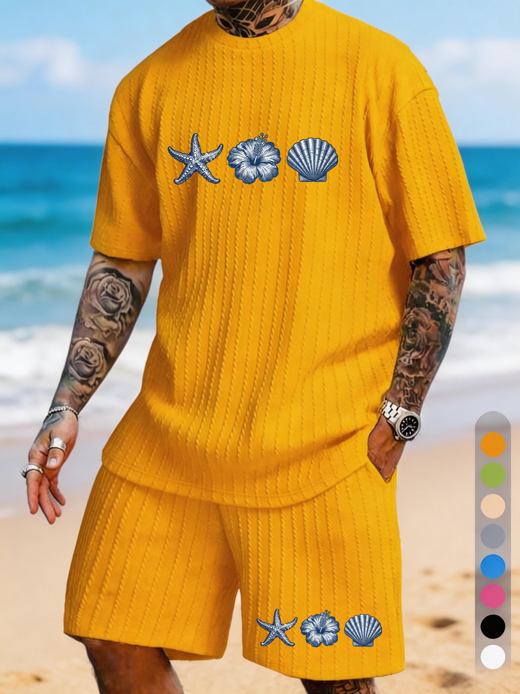 Starfish Shell Hibiscus Flower Printed Texture Pattern Plus Size Seaside Casual Suit