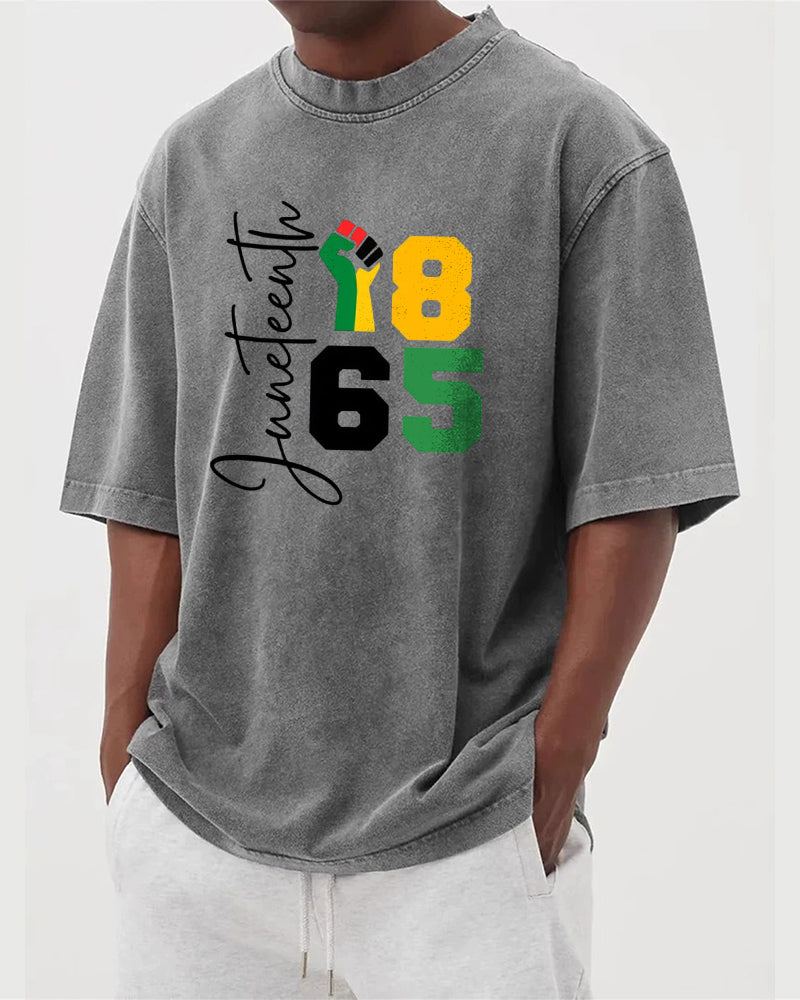 S-5XL Juneteenth 1865 Fist Printed Wash Dressed T-Shirt