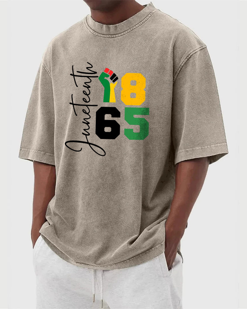 S-5XL Juneteenth 1865 Fist Printed Wash Dressed T-Shirt