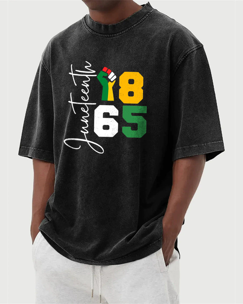 S-5XL Juneteenth 1865 Fist Printed Wash Dressed T-Shirt