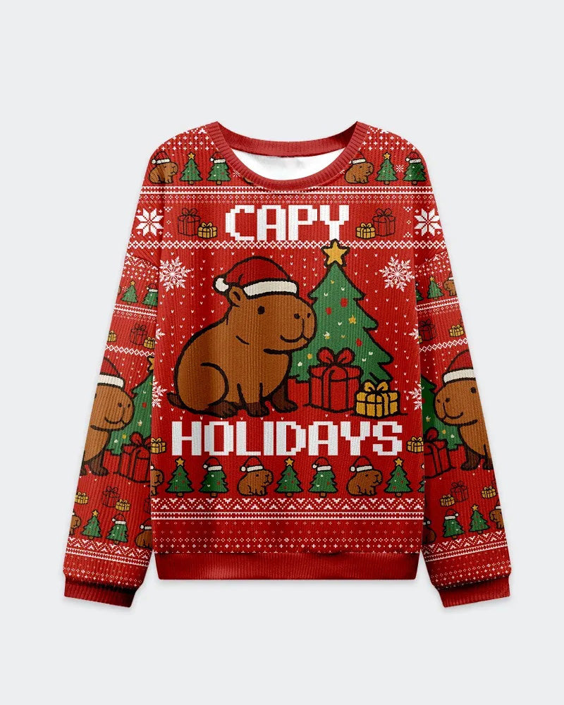 Big & Tall Men's Christmas Capybara Graffiti-Print Crewneck Ugly Sweater