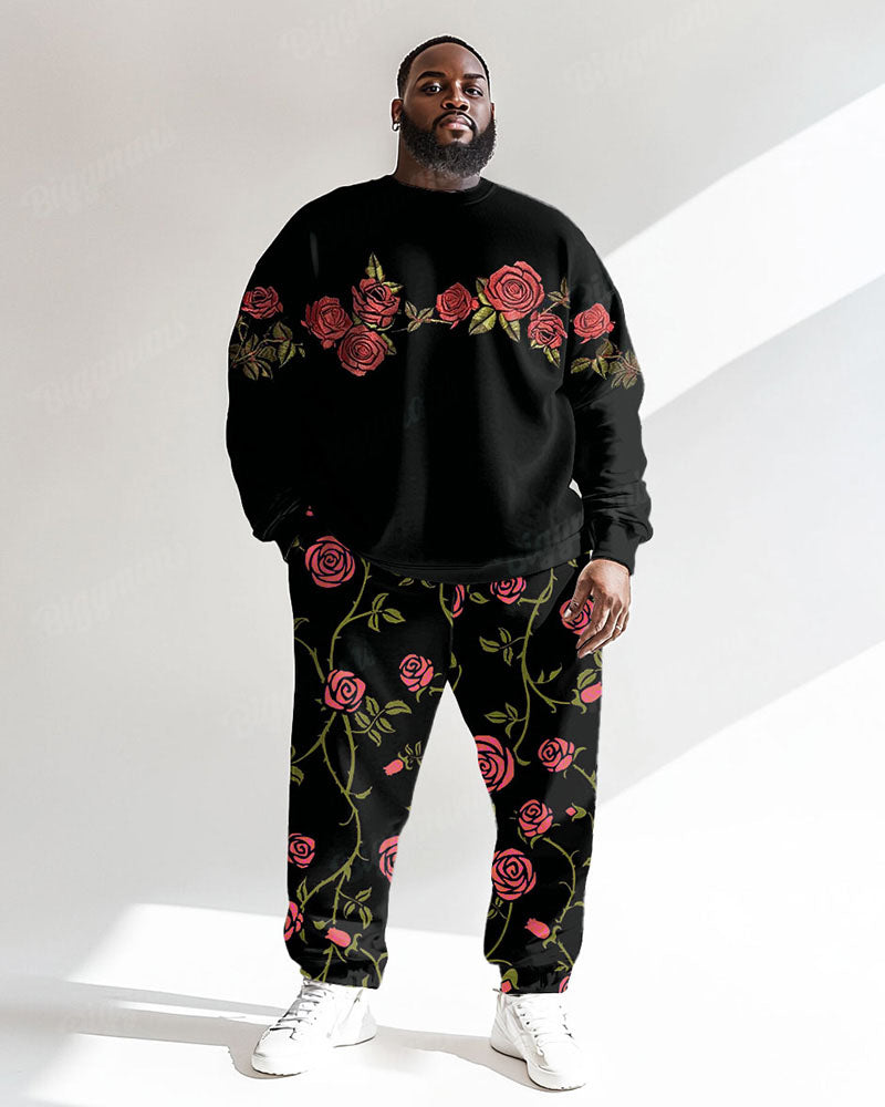 Men's Black Vine Rose Print Plus Size Round Neck Sweatshirt Suit