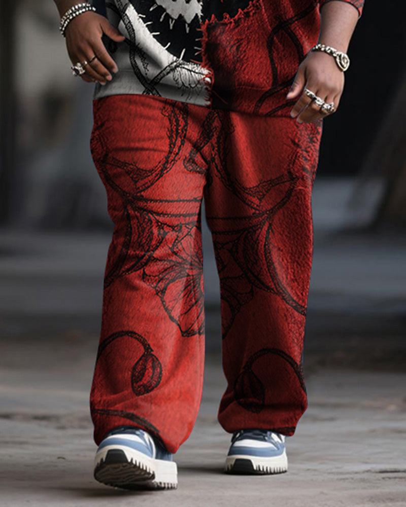 Big & Tall Men's Halloween Black Red Mask Emoji Contrast Stitch Print Hoodie Suit