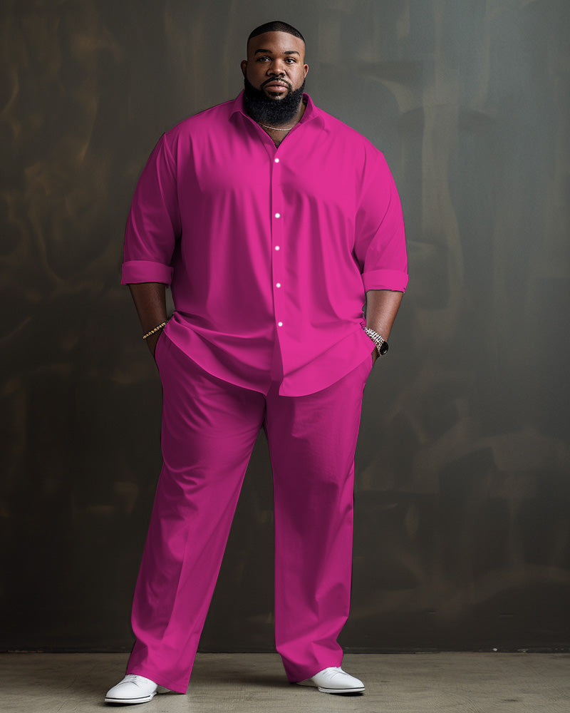 Solid Color Big Guys Long Sleeve Lapel Shirt and Pants Set