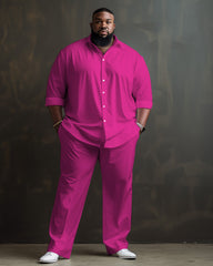 Solid Color Big Guys Long Sleeve Lapel Shirt and Pants Set