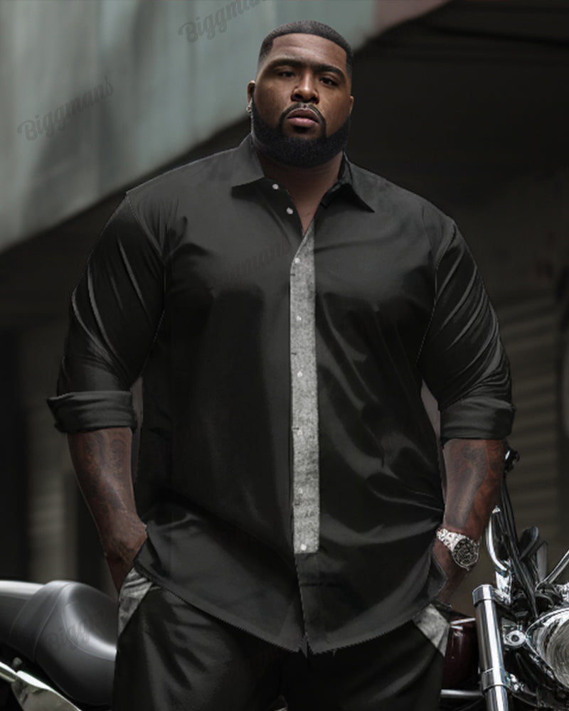 Simple Pocket Colorblock Long Sleeve Leverage Shirt 2 Piece Set Men's Big and Tall