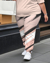 Women's Plus Size Solid Color T-Shirt and Printing Stripes Trousers Suit