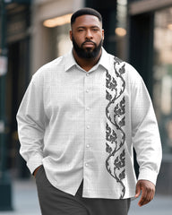 Big & Tall Men's Business Grey Pattern Print Bamboo Hemp Texture Long Sleeve Shirt Trousers Suit