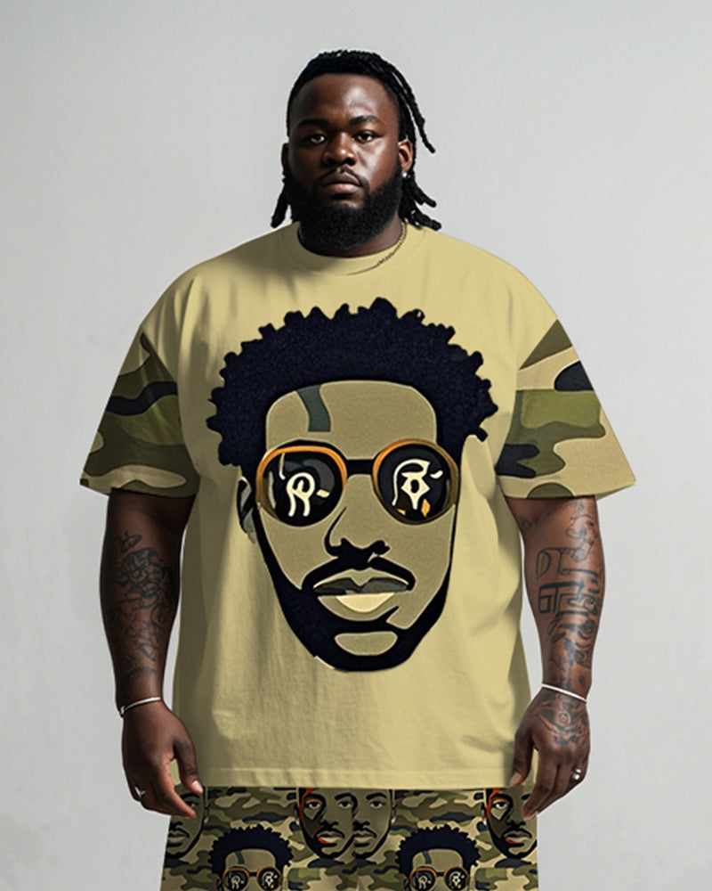 Men's Plus Size Street Fashion Camouflage Hip Hop Head Green Print T-Shirt Shorts Suit