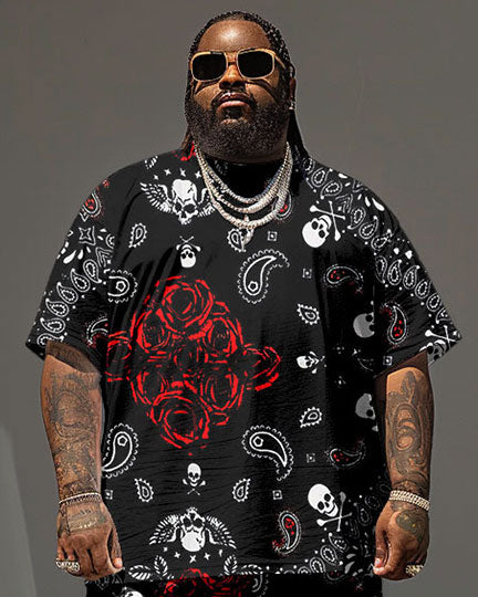Men's Plus Size Street Hip Hop Rose Skull Paisley Print T-Shirt Shorts Suit