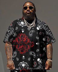 Men's Plus Size Street Hip Hop Rose Skull Paisley Print T-Shirt Shorts Suit