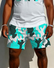 Irregular Geometric Chest "brother" Print Casual Short Sleeve POLO Shorts Suit Men's Plus Size