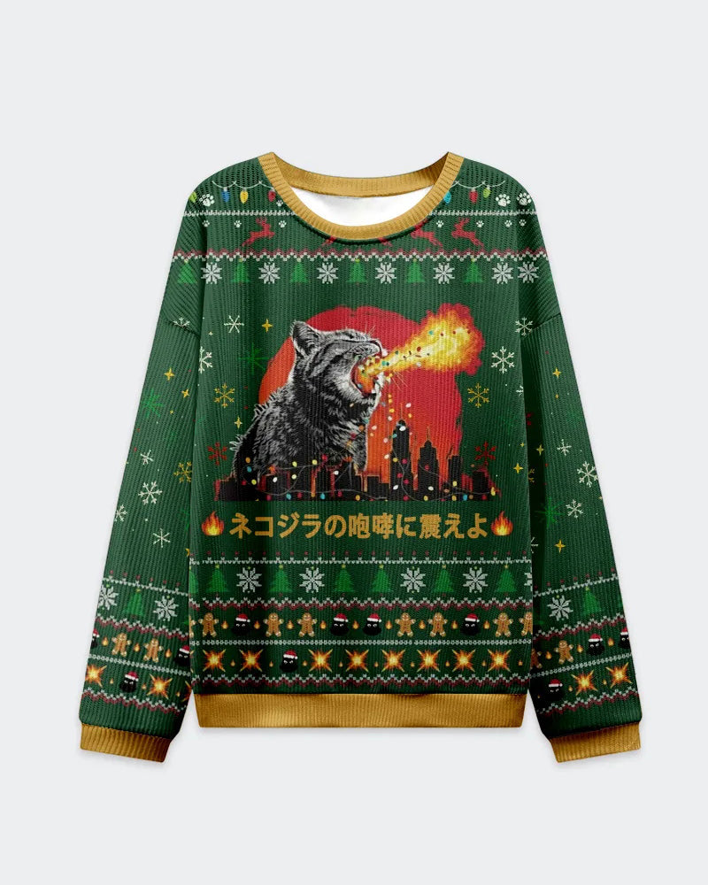 Big & Tall Men's Christmas Cat Roar Graffiti Print Crewneck Ugly Sweater