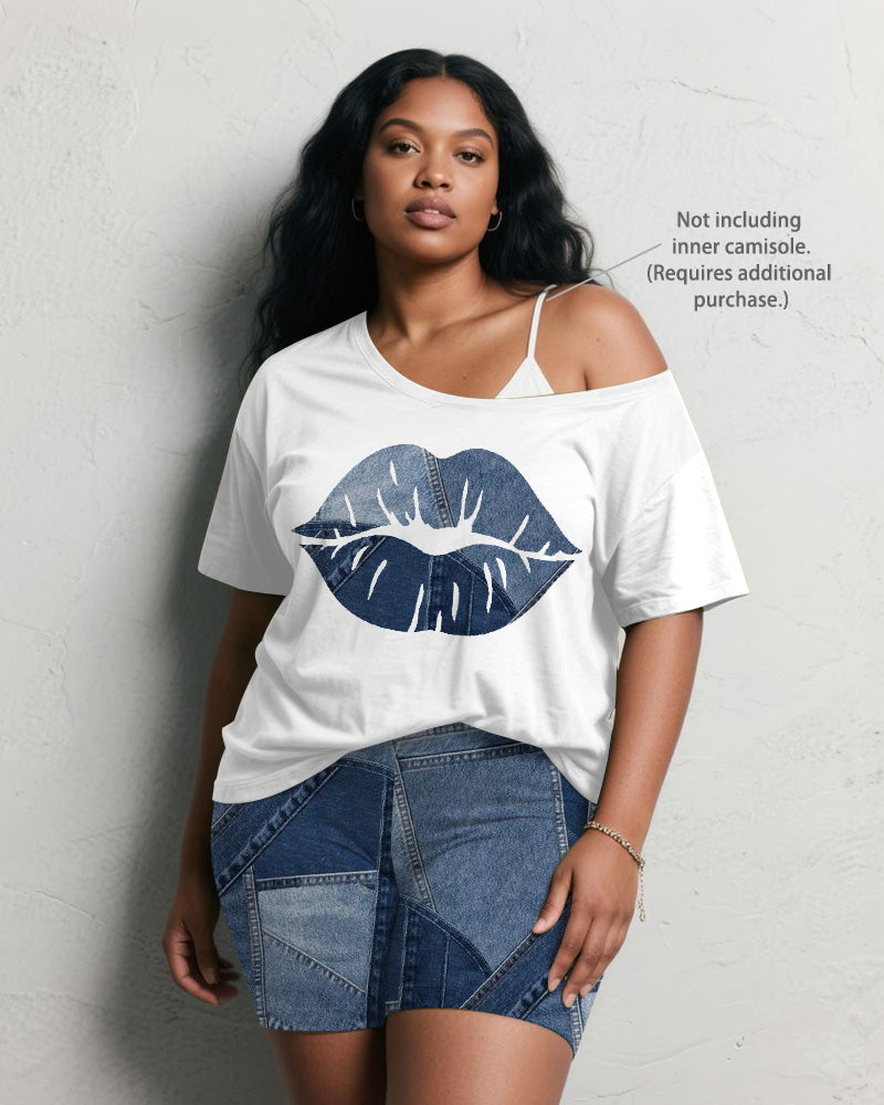 Women's Plus Size Daily Casual Lips Denim Print Short Sleeve Shorts Suit