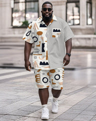 Men's Plus Size Street Fashion Grey Colorblock Geometric Print Shirt Shorts Suit