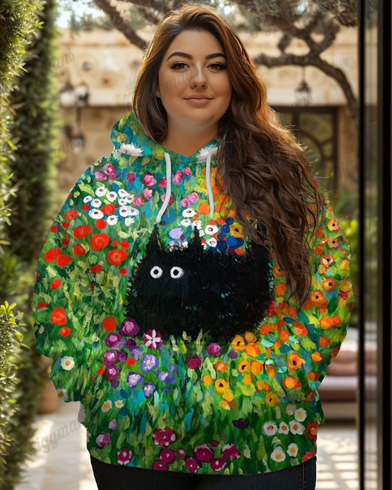 Women's Plus Fashion Colorful Flowers Black Cat Print Long-sleeved Hoodie