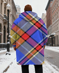Big & Tall Men's Classic Geometric Blue Plaid Printed Velvet Thickened Long Hooded Coat
