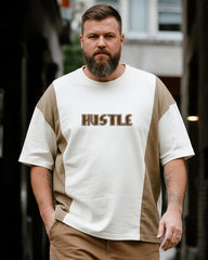 Big & Tall Men's Khaki Stripe HUSTLE Alphabet Print Round Neck Short Sleeve T-Shirt Shorts Suit