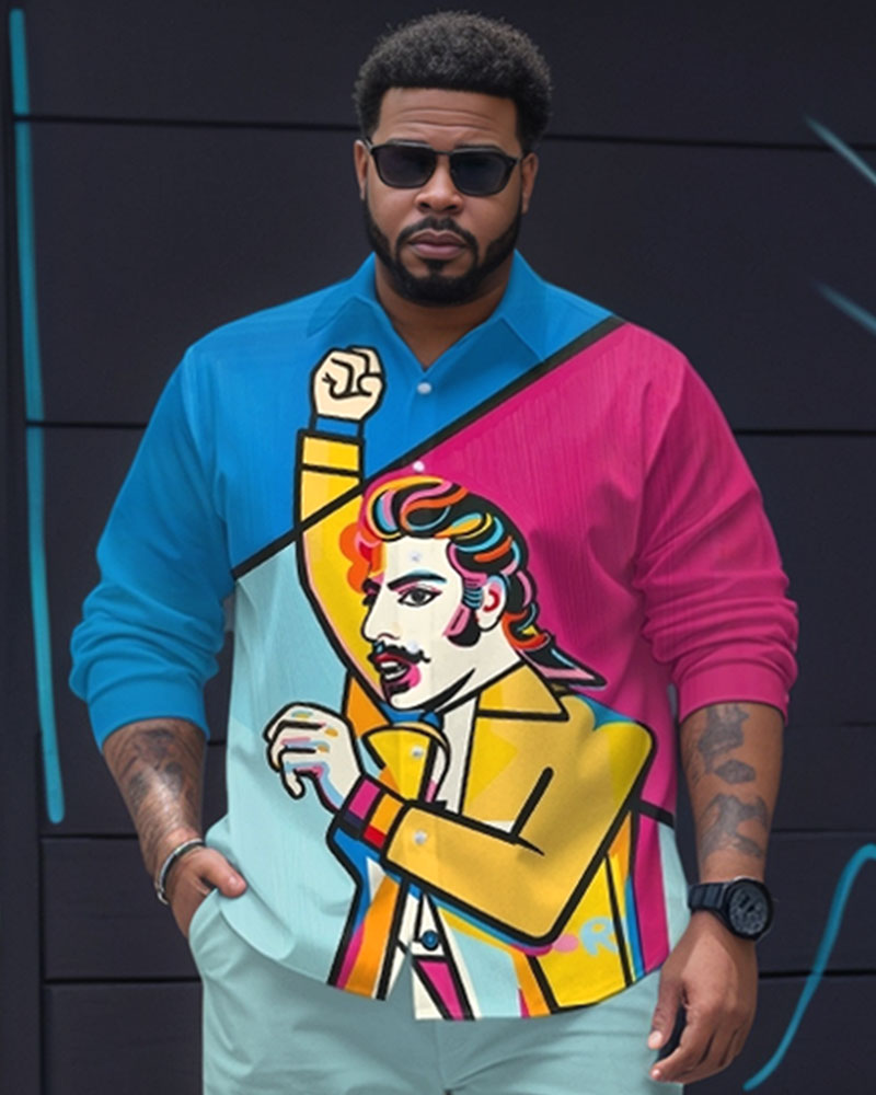 Men's Plus Size Blue Color Matching Abstract Graffiti Print Long Sleeve Shirt Trousers Suit