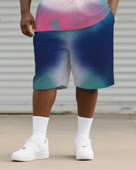 Big & Tall Men's Blue Simi Graffiti Print Round Neck Short Sleeve T-Shirt Shorts Suit