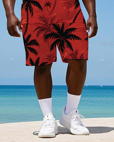 Big Men's Tropical Coconut Trees All Over Printed Hawaiian Red Vest and Shorts Set
