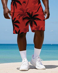 Big Men's Tropical Coconut Trees All Over Printed Hawaiian Red Vest and Shorts Set