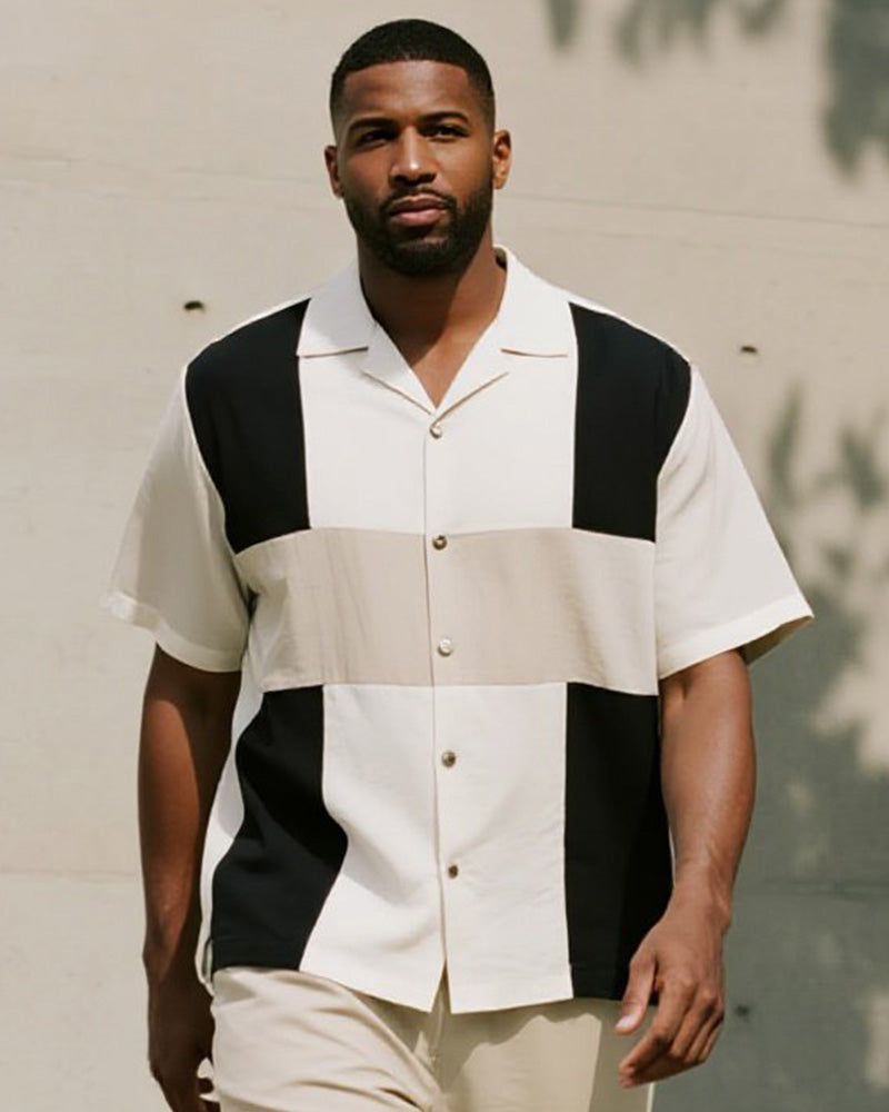 Big & Tall Men's Business Apricot Color Matching Geometric Print Short Sleeve Shirt Trousers Suit
