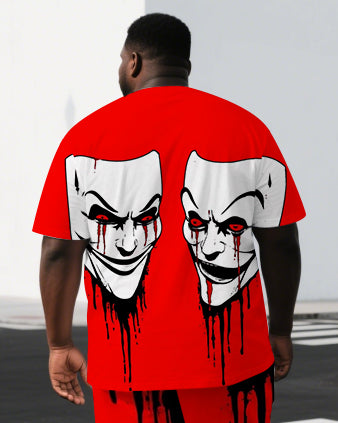 Big & Tall Men's Punk Style Bloody Mask Back Print Outdoor Summer Short-Sleeve T-shirt 2-Piece Set