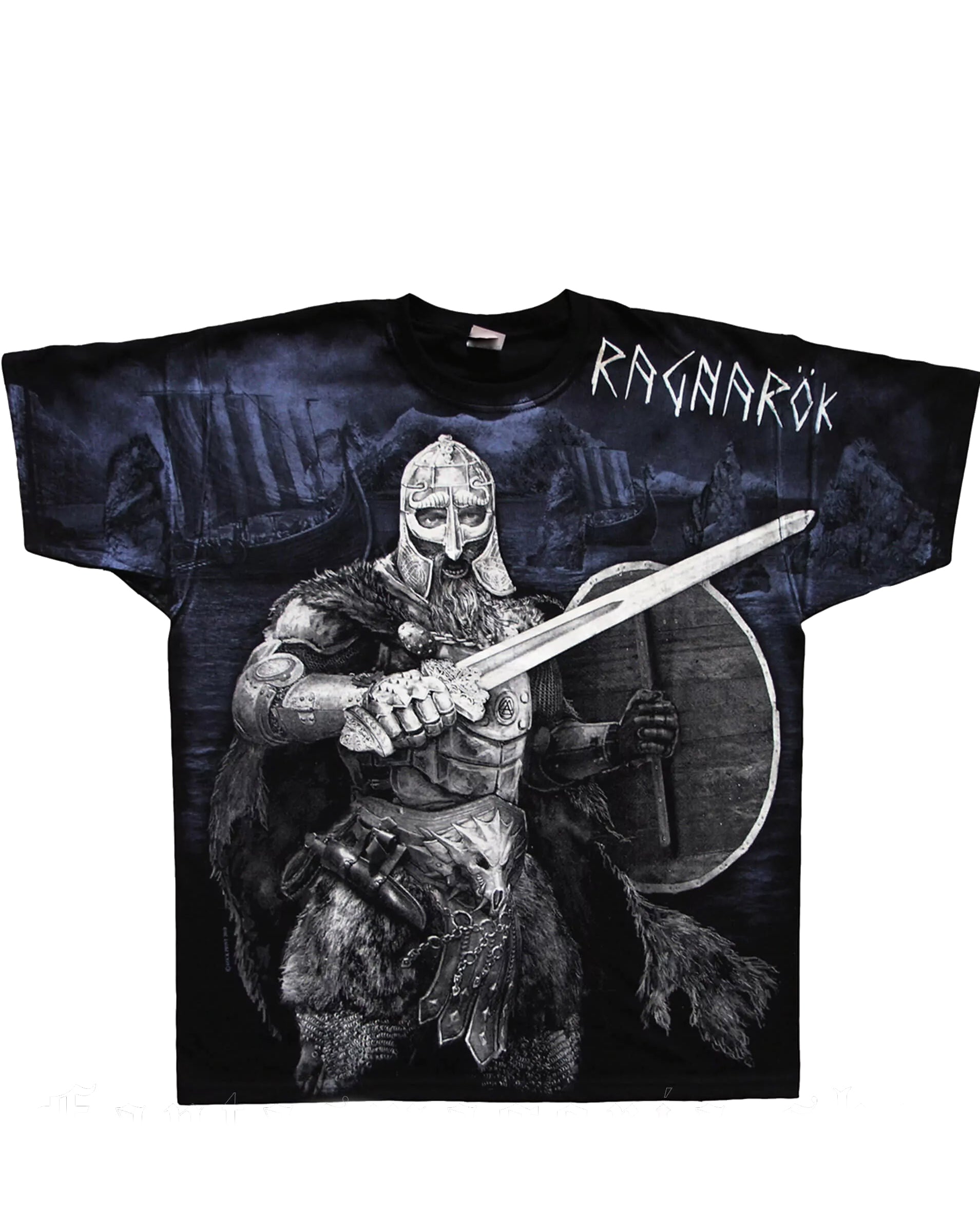 Plus Size Black Printed T-Shirt Men's T-Shirt, Black T-Shirt With Powerful Viking Theme Design-Printed Front And Back