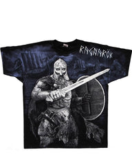 Plus Size Black Printed T-Shirt Men's T-Shirt, Black T-Shirt With Powerful Viking Theme Design-Printed Front And Back