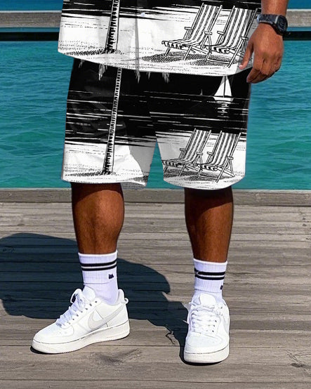 Big Men's Abstract Hawaiian Painting Coconut Trees Printed Daily Casual Short Sleeve Shirt Shorts Set