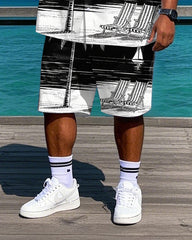 Big Men's Abstract Hawaiian Painting Coconut Trees Printed Daily Casual Short Sleeve Shirt Shorts Set